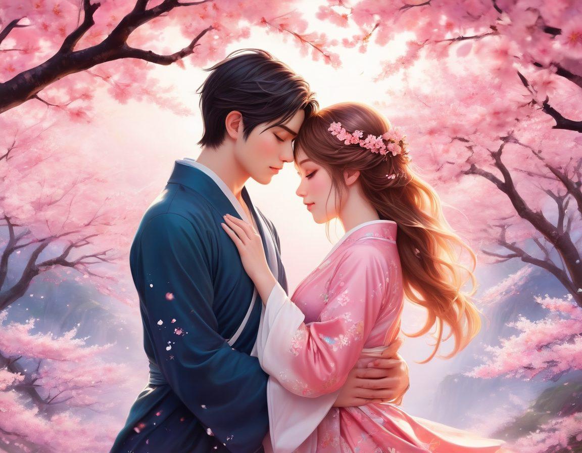 A whimsical illustration showcasing two anime characters intertwined in a romantic embrace, surrounded by vibrant cherry blossoms and soft pastel colors, celebrating love and connection. The background features hints of manga panels with playful and sensual art, enhancing the theme of devotion. Include subtle elements of fantasy to evoke imagination and intimacy. vector art. vibrant colors. soft focus.