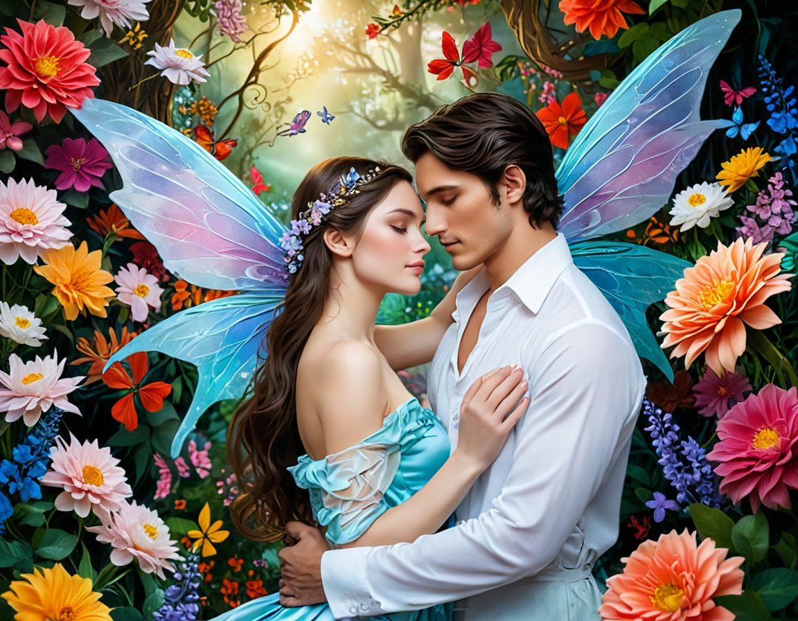 A romantic scene depicting two lovers entwined, surrounded by vivid floral patterns and ethereal colors. The atmosphere radiates passion with soft lighting illuminating their expressions of desire. Add elements of fantasy like mythical creatures in the background to enhance the appeal. super-realistic. vibrant colors. dreamy atmosphere.
