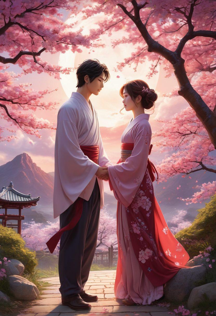 A whimsical illustration of a mystical world where manga characters come to life, showcasing an enchanting blend of romance and intimacy. The scene features two main characters, intertwined with vibrant magical energy, surrounded by delicate cherry blossoms and shimmering lights. The background includes soft, swirling clouds and stylized elements inspired by manga art, symbolizing passion and emotion. The color palette should be rich with deep reds, purples, and soft pastels to evoke a sense of allure. super-realistic. vibrant colors. ethereal atmosphere.